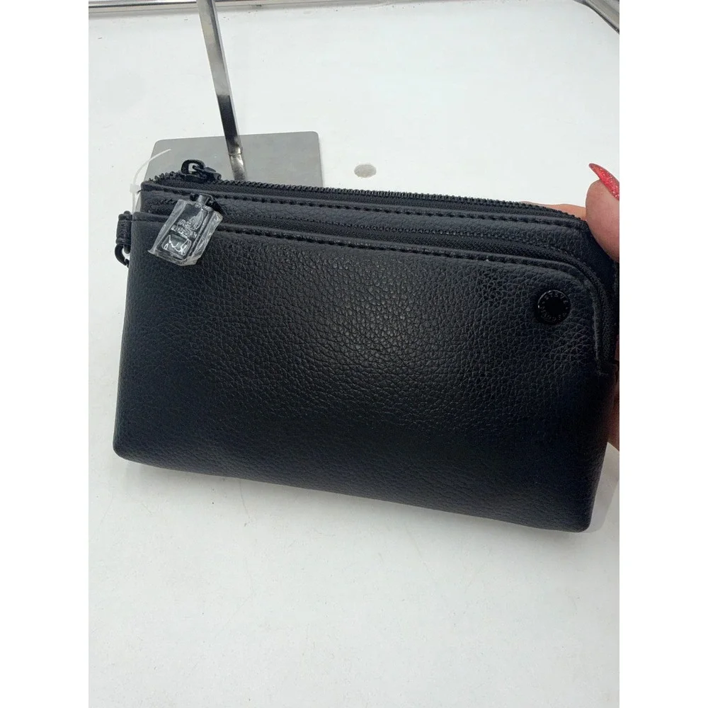 Steve Madden BTRELL Wristlet Black Pebbled Faux Leather Triple Zip MO192525
